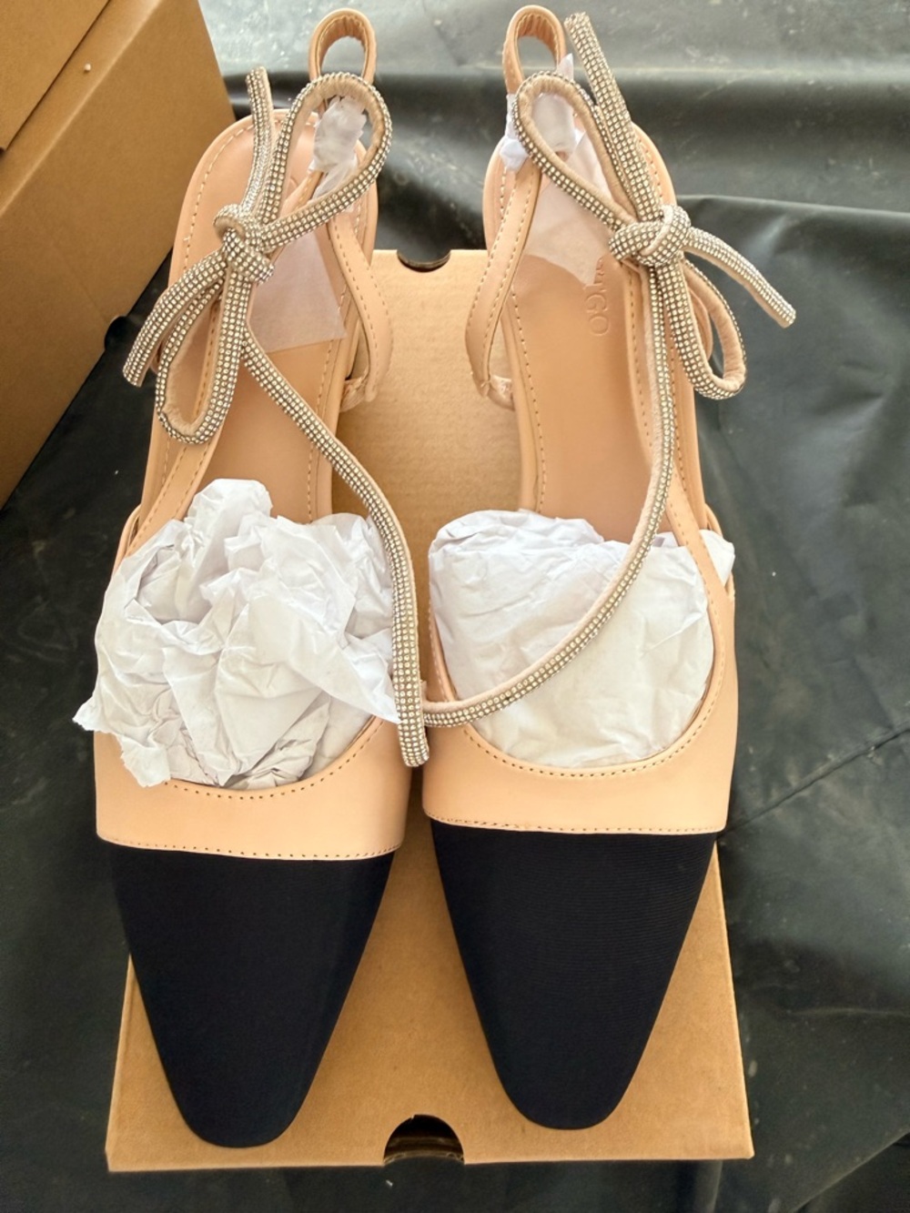Elegant Two-Tone Pointed Toe Slingback Pumps in Nude and Black